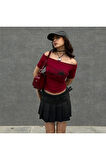 Bordo Black Widow Omuzu Açık Spider Kısa Kollu Crop