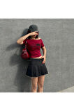 Bordo Black Widow Omuzu Açık Spider Kısa Kollu Crop