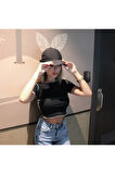 Beyaz Dikiş Detaylı Düz Siyah Crop Top