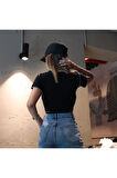 Beyaz Dikiş Detaylı Düz Siyah Crop Top