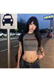 Y2K Antrasit Raglan Kollu Racing ARM Kısa Kollu Crop