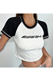 Y2K Beyaz Raglan Kollu Racing ARM Kısa Kollu Crop
