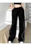 Harajuku Zip Detail Black Oversize Şeritli Eşofman Altı