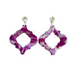 El Yapımı, Polimer Kil, Ultra Hafif, Şık Kadın Küpe. Mor ve Beyaz Desenli Quatrefoil Küpe, Kristal Taşlı, Damla Şeklinde, Moda