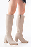 RS-2432 Bej Topuklu Fermuarlı Günlük Kadın Çizme