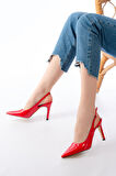 ST-1153 Kırmızı Rugan Günlük Arkası Açık 9 cm Topuklu Kadın Ayakkabı