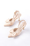 İNF-4505 Bej Saten Günlük Arkası Açık Kurdele detaylı Topuklu Kadın Ayakkabı