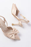 İNF-4505 Bej Saten Günlük Arkası Açık Kurdele detaylı Topuklu Kadın Ayakkabı