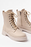 02-356 Bej Galata Düz Topuklu Bağcıklı Fermuarlı Günlük Kadın Bot