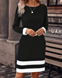 Kadın Uzun Kollu Bisiklet Yaka Kol Ve Tek Ucu şeritli Ithal Krep Midi Elbise