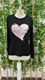 Kadın Uzun Kollu Bisiklet Yaka Kalp Desenli Viskon Bluz