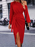 Kadın Uzun Kollu Tek Omuzu Açık Belden Kuşaklı önden çapraz Detaylı Krep Elbise