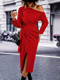 Kadın Uzun Kollu Tek Omuzu Açık Belden Kuşaklı önden çapraz Detaylı Krep Elbise
