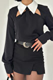 Siyah Önü Kravat Detaylı Bluz