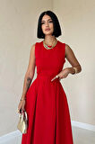 Kırmızı Halter Yaka Kloş Elbise