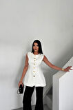 KETEN YELEK BELDEN OTURTMALISIRALI DÜĞME DETAYLI - Beyaz