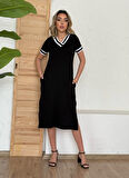Kadın Kısa Kollu V Yaka Kol Ve Yaka Ribana Detay Midi Boy Viskon Elbise