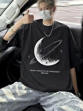 Baskılı Oversize Bisiklet Yaka T-shirt - Siyah