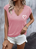 Kadın Kısa Kollu V Yakalı Kalp Baskılı Viskon Bluz