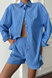 POPLİN ÇİZGİLİ GÖMLEK - ŞORT TAKIM - Mavi