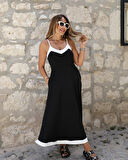 Kadın Ip Askılı V Yakalı çift Renkli Janjan Krep Elbise