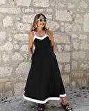 Kadın Ip Askılı V Yakalı çift Renkli Janjan Krep Elbise