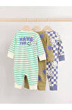 Next Baby %100 Pamuklu Mavi Yeşil Çizgili Desenli 3'lü Tulum Set