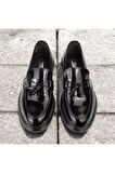 Erkek Siyah Parlak Püsküllü Klasik Makosen Ayakkabı Rugan Kalın Tabanlı Şık Tasarım SİYAH 39