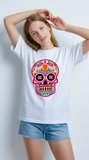 Kadın Beyaz Renkli Meksika Kurukafası (Calavera) Baskılı Bisiklet Yaka Oversize Tişört Beyaz / XL