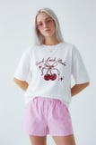 Kadın Beyaz "Good Luck Babe" Kirazlı Oversize Tişört Beyaz / 3XL