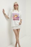 Kadın Beyaz Retro "España" Baskılı Bisiklet Yaka Oversize Tişört Beyaz / M