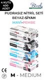 Nitril Muayene Eldiveni Seti M - 4 Paket 100 lü - Beyaz-Siyah-Mavi-Pembe Nitril Set M