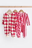 Next Baby % 100 Pamuklu Kırmızı Kalp Desenli  3'lü Tulum Set