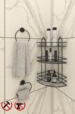 Yapışkanlı Siyah 3 Katlı Banyo Köşe Rafı EK03, Lotus Kağıtlık, Halka Havluluk