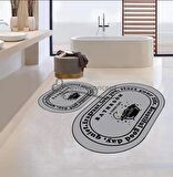 Gri Siyah Yazılı Figürlü Banyo Paspası, Kaymaz Taban Banyo Paspası, Oval Klozet Takımı, Yıkanabilir Klozet Takımı