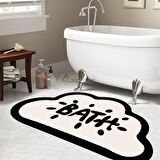 Bath Yazılı Paspas, Bulut Şekilli Banyo Paspası, Dekoratif Paspas, Krem Siyah Paspas 60x100 Paspas