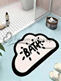 Bath Yazılı Paspas, Bulut Şekilli Banyo Paspası, Dekoratif Paspas, Krem Siyah Paspas 60x100 Paspas