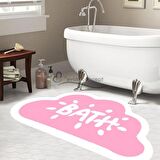 Bath Yazılı Paspas, Bulut Şekilli Banyo Paspası, Dekoratif Paspas, Krem Pembe Paspas 60x100 Paspas