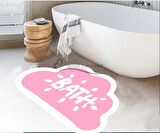 Bath Yazılı Paspas, Bulut Şekilli Banyo Paspası, Dekoratif Paspas, Krem Pembe Paspas 60x100 Paspas