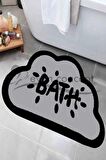 Bath Yazılı Paspas, Bulut Şekilli Banyo Paspası, Dekoratif Paspas, Gri Siyah Paspas 60x100 Paspas