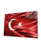Kırmızı Dalgalı Türk Bayrağı Cam Tablo, Ev ve Ofis Duvar Dekoru, Hediyelik Büyük Temperli Cam Tablo