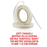 Çift Taraflı Beyaz Şeffaf Elle Kopan Bant 100 metre uzunlukta (10 mm-1 cm) enindedir.