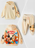 Mickey Mouse Görselli Kapüşonlu Bebek Çocuk Alt Üst Takım-Bej | 2 Yaş