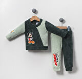 Mickey Mouse Görselli Kışlık Welsoft Bebek Çocuk Alt Üst Takım-Yeşil | 3 Yaş