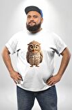 Baykuş Beyaz Büyük Beden Kadın Erkek Ünisex  Basic Ön Baskılı Tişört
