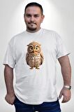 Baykuş Beyaz Büyük Beden Kadın Erkek Ünisex  Basic Ön Baskılı Tişört
