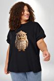 Baykuş Siyah Büyük Beden Erkek Kadın Unisex Basic Ön Baskılı Tişört