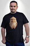 Baykuş Siyah Büyük Beden Erkek Kadın Unisex Basic Ön Baskılı Tişört