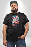 Çiçek Kedi Sulu Boya Siyah Büyük Beden Erkek Kadın Unisex Basic Ön Baskılı Tişört