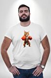 Boks Yapan Kedi Beyaz Büyük Beden Kadın Erkek Ünisex  Basic Ön Baskılı Tişört